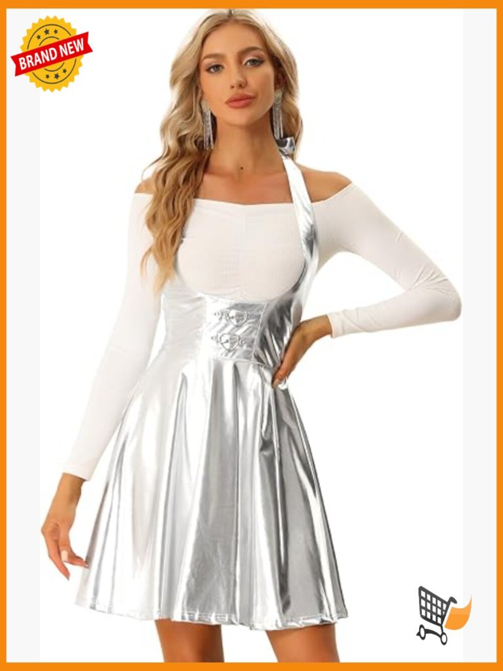 High Waist Metallic Skirt with Adjustable Straps A-Line Suspender Party Skirt